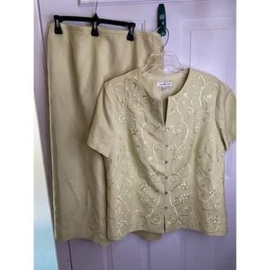 Coldwater Creek Mint Green 2-piece Blazer Skirt Embroidery Sz W18 Linen Blend